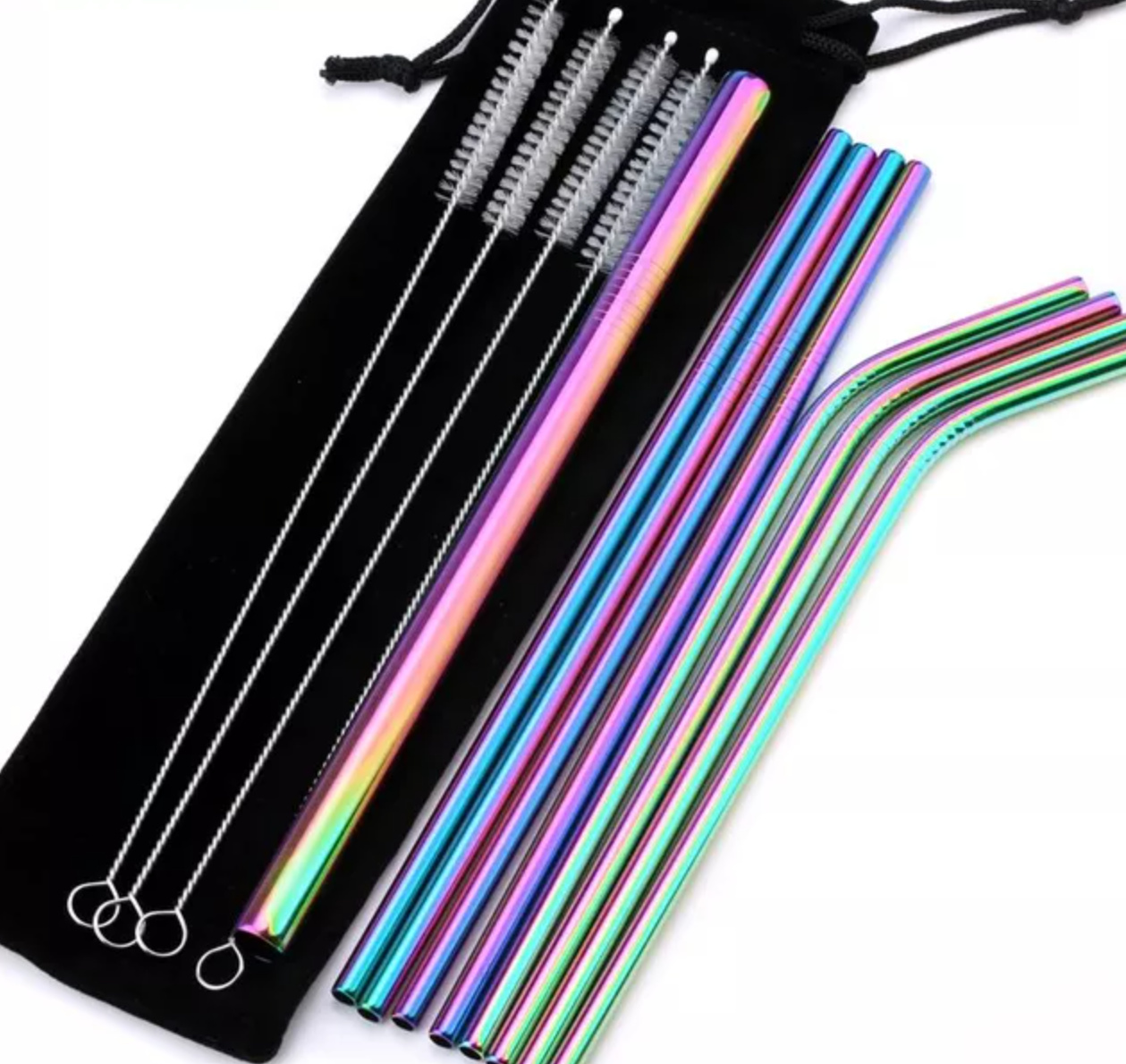 NEW - Set Of 4 Aluminum Straws With Cleaning Brushes & 36 Straw Tips (E)