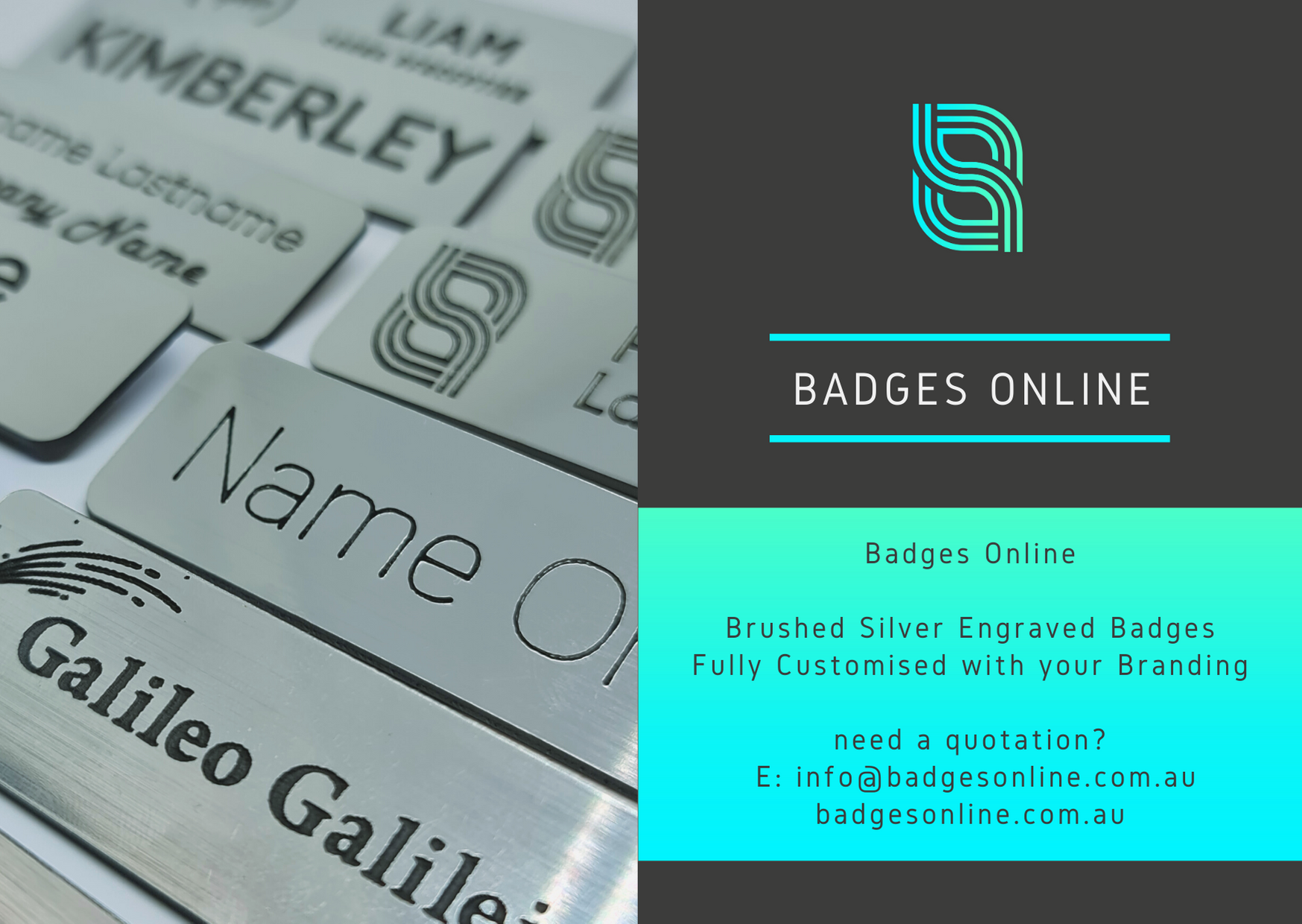 Text Only Engraved Badges - Brushed Silver & Smooth Silver - Badges Online