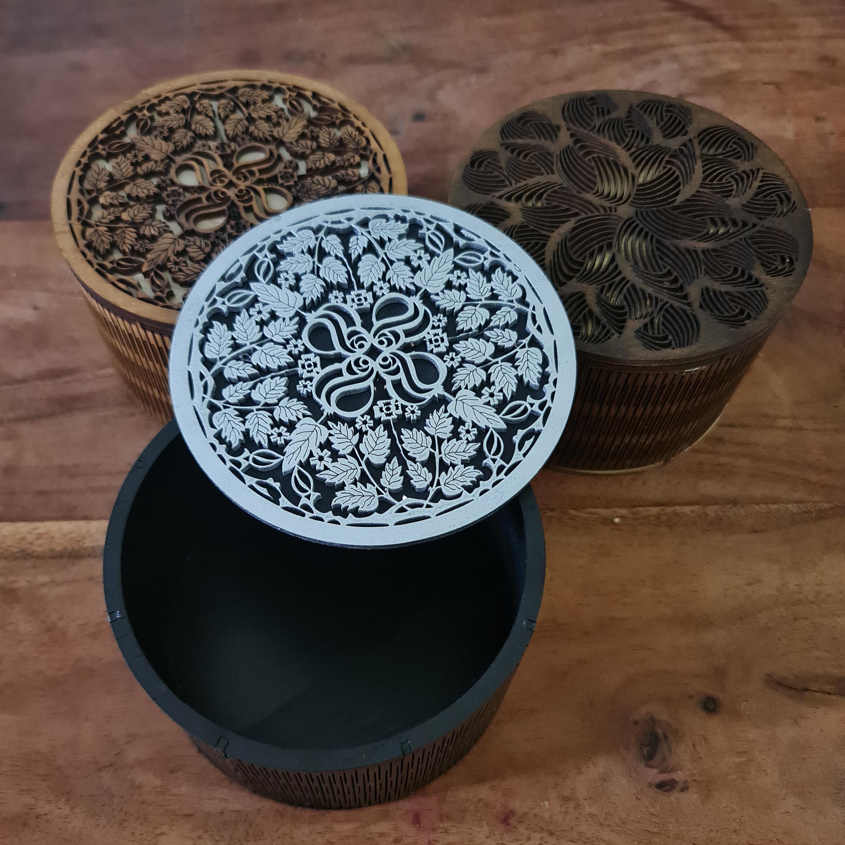 Round Jewellery Box with Laser Cut Flower Lid - Main Image