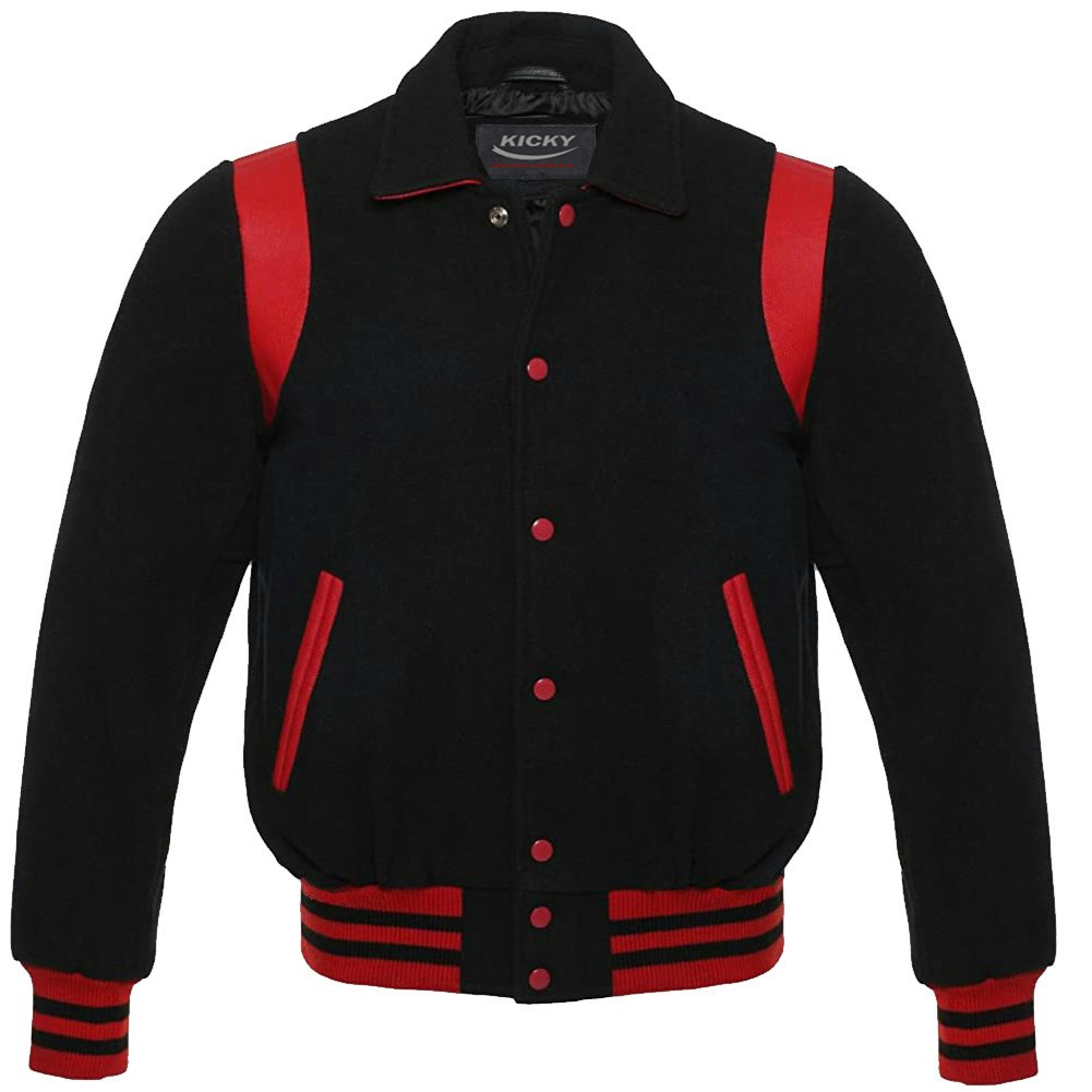 Red Wool Varsity Jacket for Men with Black Leather Sleeves