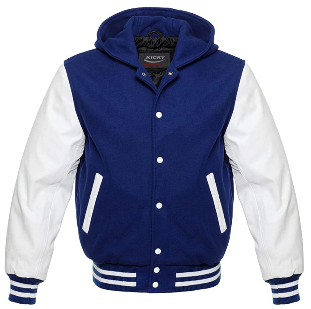 Hooded Varsity Letterman Baseball Bomber Jacket, 100% Melton Wool