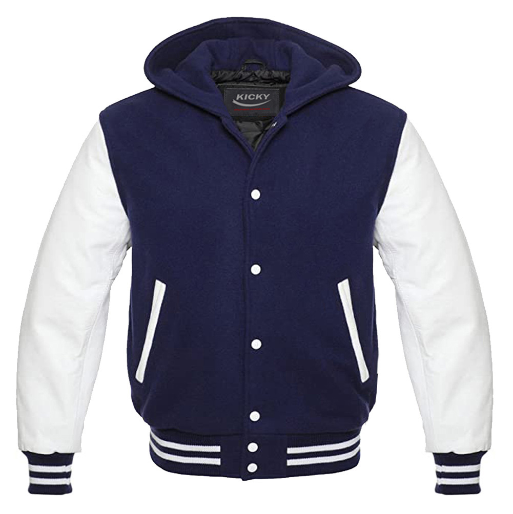 navy blue and white varsity jacket