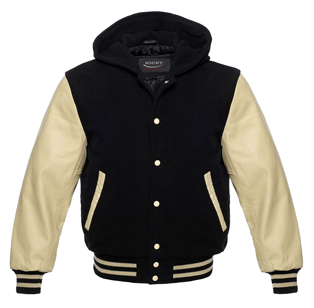 Hooded Varsity Letterman Baseball Bomber Jacket, 100% Melton Wool Body,  Cowhide Leather Sleeves, black and cream color Hoodie