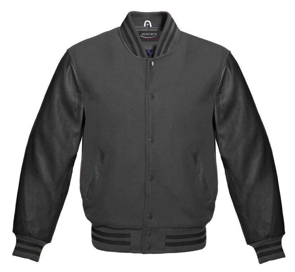 Varsity Letterman Baseball Bomber Jacket, 100% Melton Wool Body, Cowhide  Leather Sleeves, all charcoal gray color