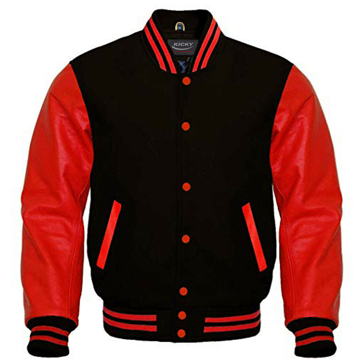 Black Red Varsity Letterman College Bomber Jackets Wool/Real Leather Sleeves 