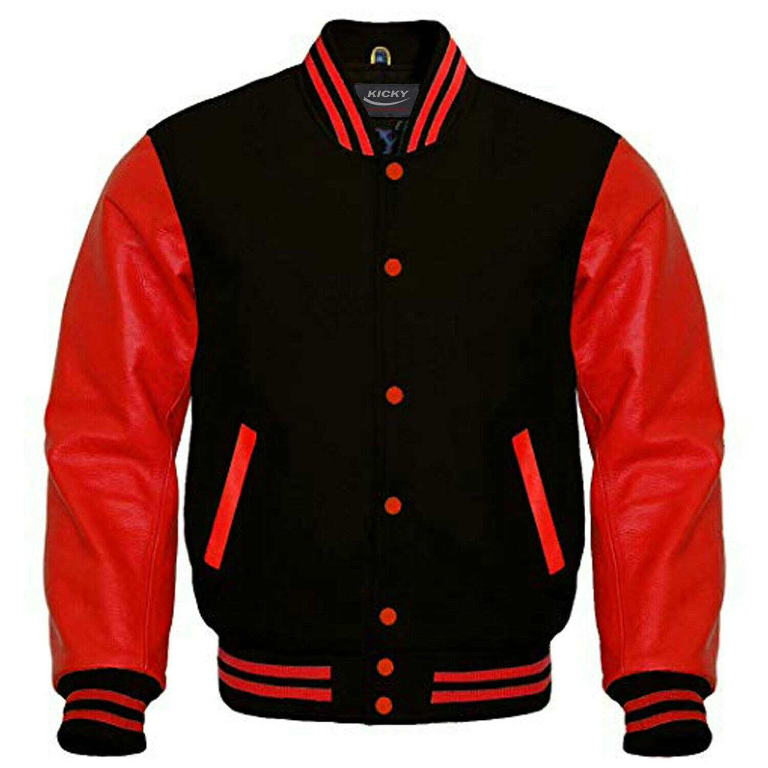 Varsity Letterman Bomber Jacket Red Wool & Black Real Leather Sleeves