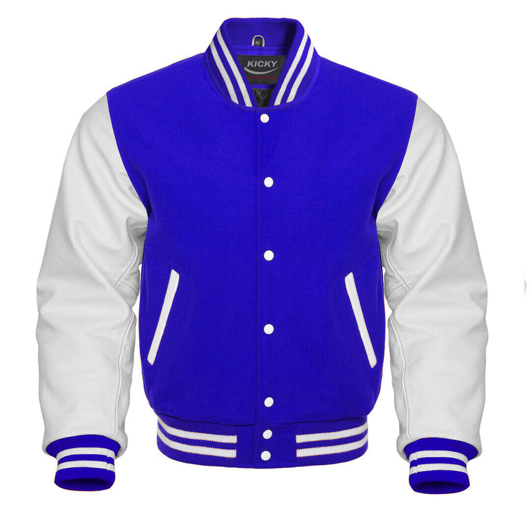 Varsity Letterman Baseball Bomber Jacket, 100% Melton Wool Body, Cowhide  Leather Sleeves, royal blue, white color