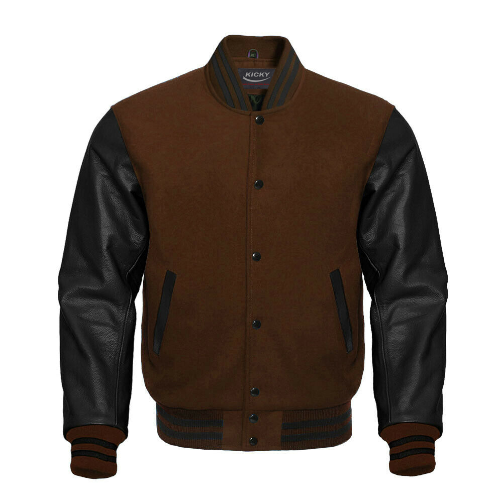 Varsity Letterman Baseball Bomber Jacket, 100% Melton Wool Body, Cowhide  Leather Sleeves, brown, black color