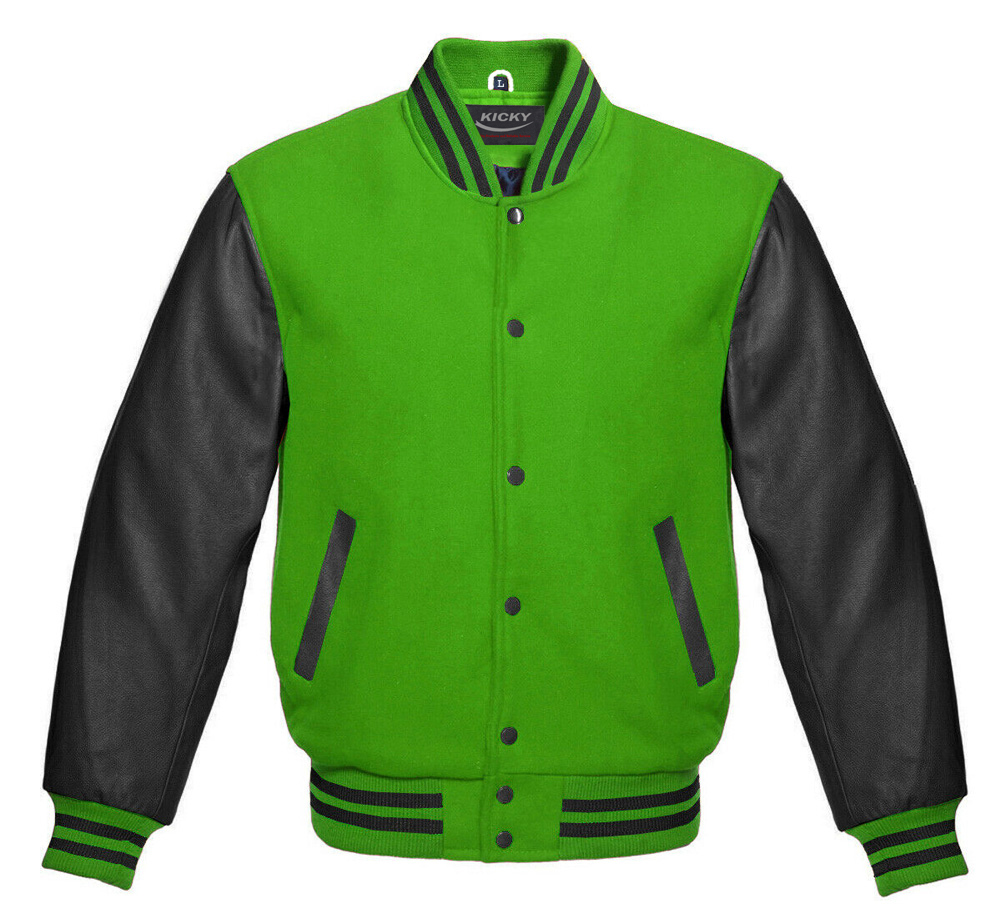 Varsity Letterman Baseball Bomber Jacket 100 Melton Wool Body Cowhide Leather Sleeves light green and black color buy varsity jackets corsets letterman jackets bomber jackets steel boned corsets sport...