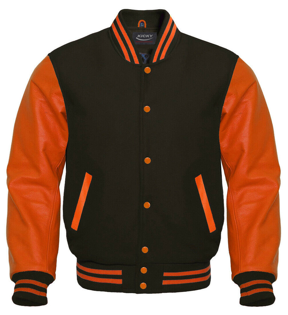 Varsity Letterman Baseball Bomber Jacket, 100% Melton Wool Body, Cowhide  Leather Sleeves, black, orange color - buy varsity jackets, corsets,  letterman jackets, bomber jackets, steel boned corsets, sporting goods,  sportswear