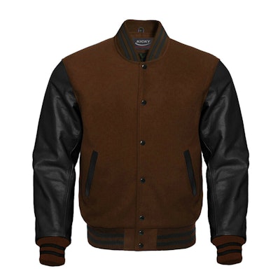 Men's Wool Brown Varsity Jacket with Black Leather Sleeves
