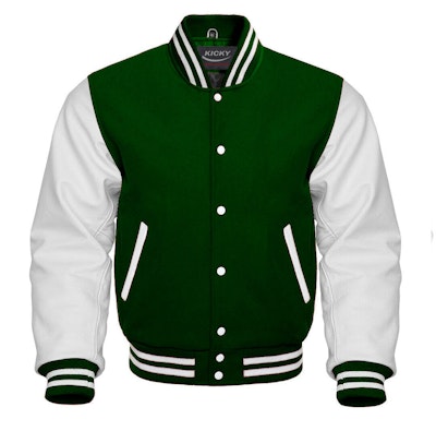 Varsity Letterman Baseball Bomber Jacket, 100% Melton Wool Body, Cowhide  Leather Sleeves, green white color - varsity jackets, corsets, letterman  jackets, bomber jackets, steel boned corsets, sporting goods, sportswear