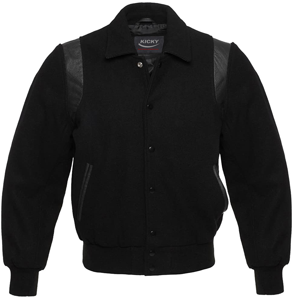 Retro Varsity Letterman Baseball Bomber Jacket 100 Melton Wool Body Cowhide Leather Sleeves and Shoulder Inserts all black color buy varsity jackets corsets letterman jackets bomber jackets steel bone...