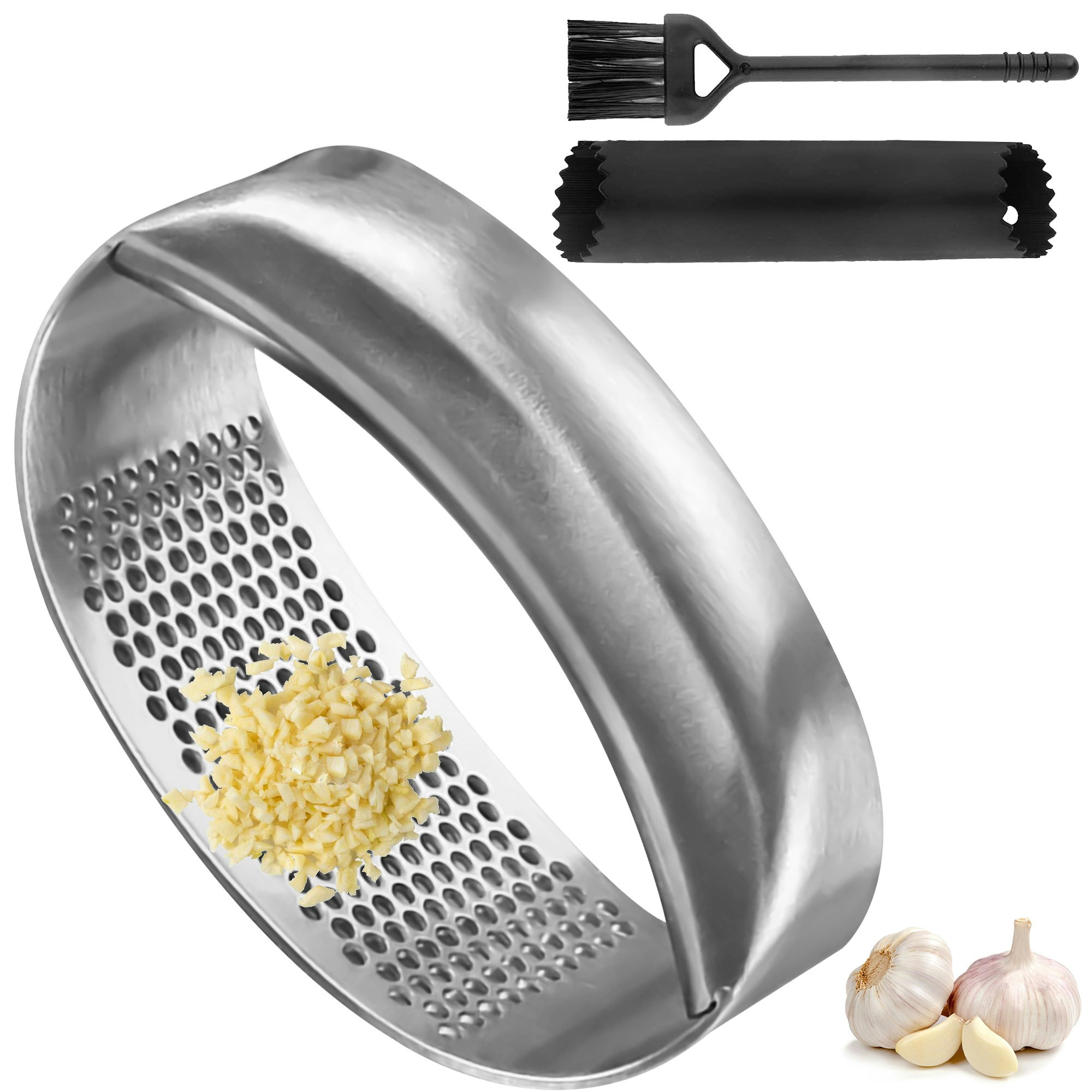  Garlic Press Rocker Stainless Steel Ginger Crusher Squeezer  Kitchen Gadget with Ergonomic handle, Silicone Tube Garlic Peeler and  Cleaning Brush Tool Set: Home & Kitchen