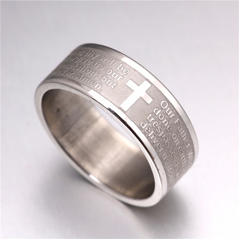 men's 100pcs/pack silver etch English Lord's Prayer Cross stainless steel rings 